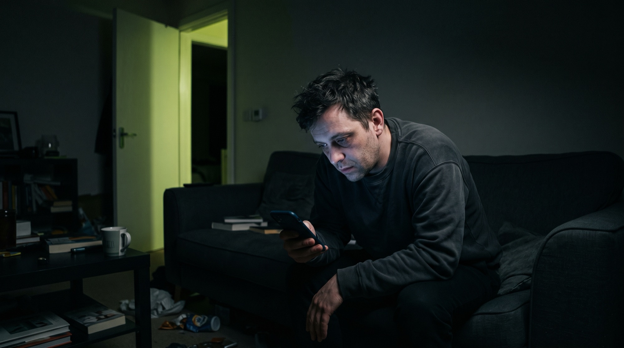 A tired man on a dark sofa late at night, staring at his phone
