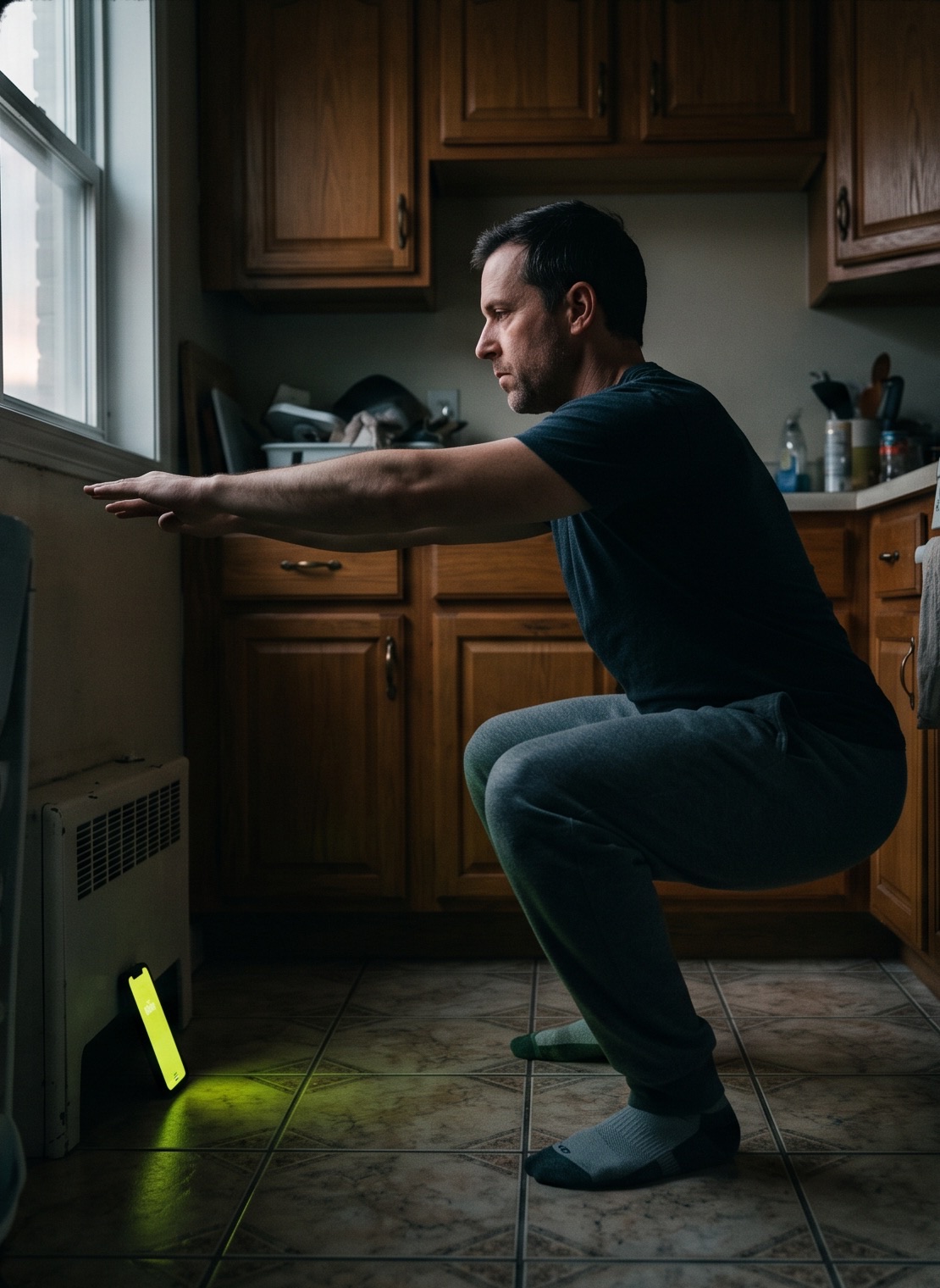 A man doing a bodyweight squat in his kitchen, phone propped against the radiator facing him
