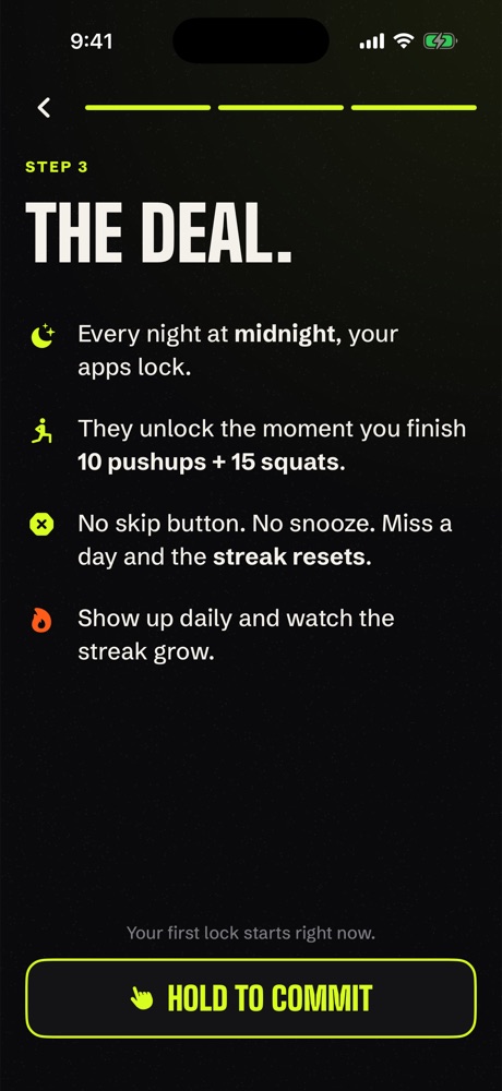 The deal screen: apps lock at midnight, no skip button
