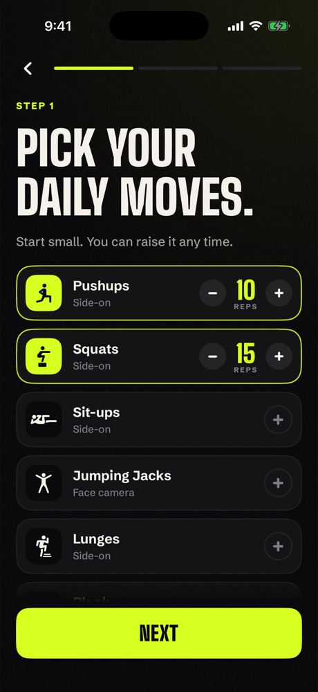 The move picker with pushups at 10 reps and squats at 15